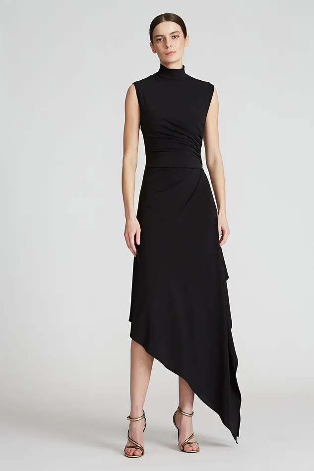 Halston Layla Jersey Side Drape Dress Jet Black Women Black Dresses