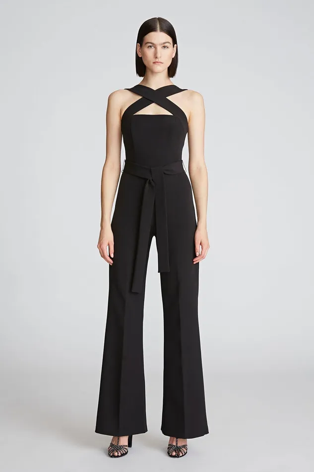 Halston Leia Jumpsuit In Stretch Crepe Black Women Jumpsuits