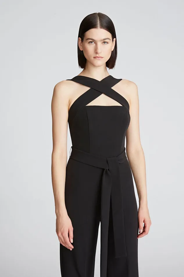 Halston Leia Jumpsuit In Stretch Crepe Black Women Jumpsuits
