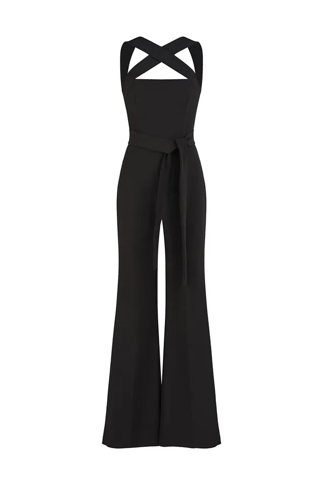 Halston Leia Jumpsuit In Stretch Crepe Black Women Jumpsuits