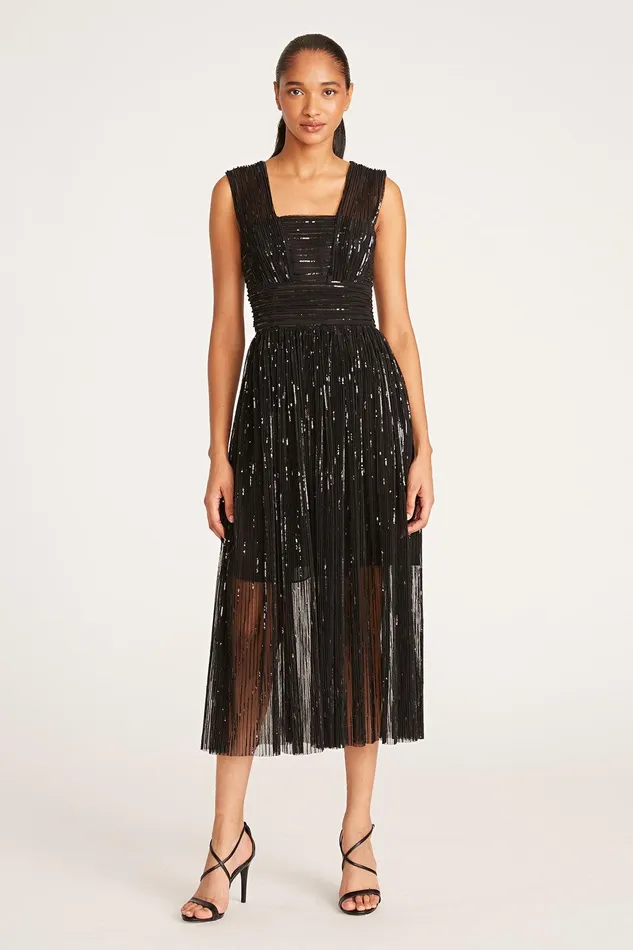 Halston Liana Dress In Pleated Sequins Black Women Black Dresses