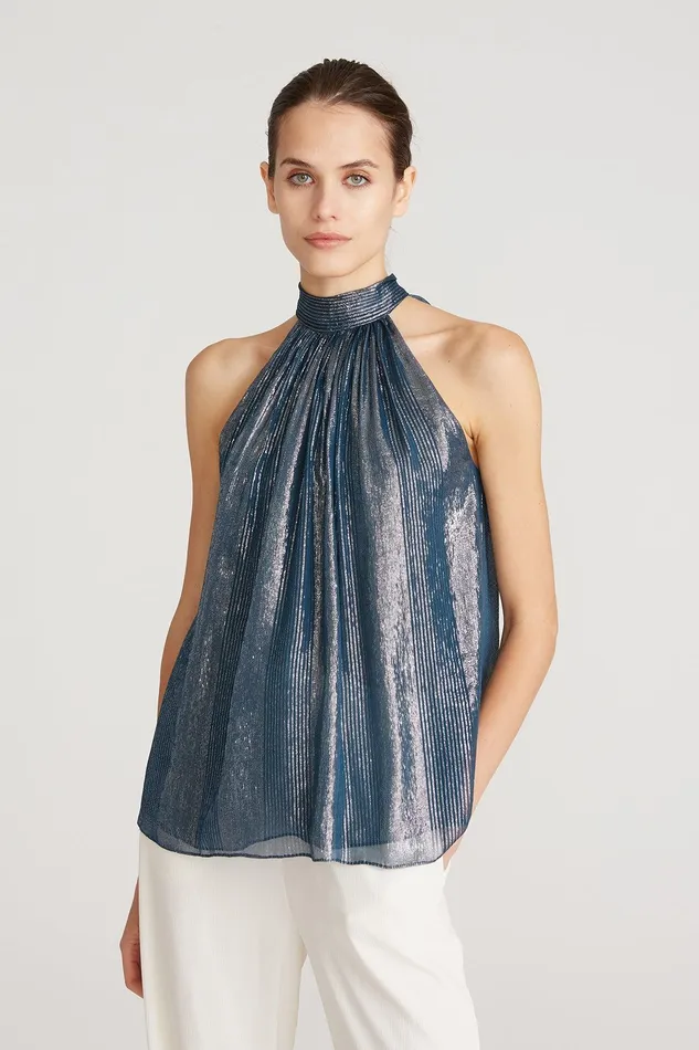 Halston Lily Lurex Chiffon Halter Top Teal Women Tops