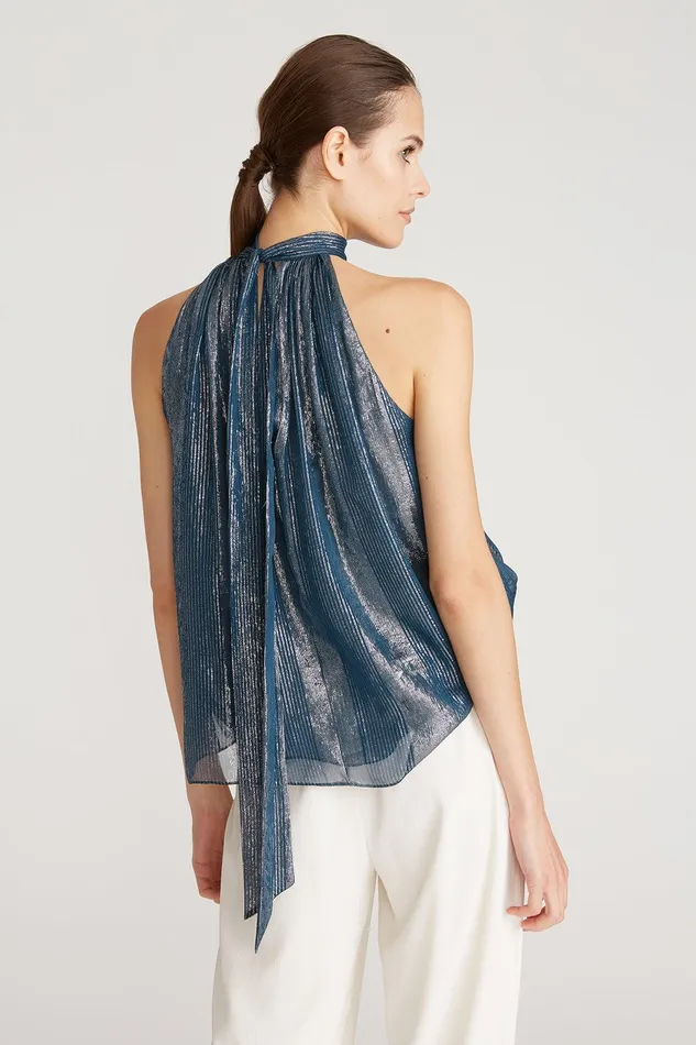 Halston Lily Lurex Chiffon Halter Top Teal Women Tops Halston Lily Lurex Chiffon Halter Top Teal Women Tops