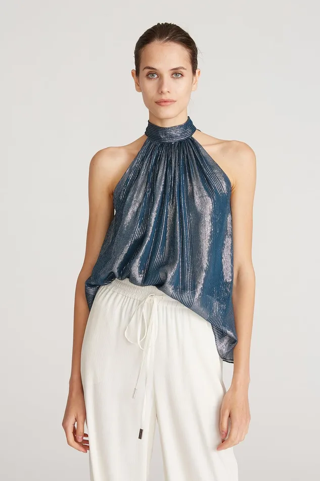Halston Lily Lurex Chiffon Halter Top Teal Women Tops Halston Lily Lurex Chiffon Halter Top Teal Women Tops