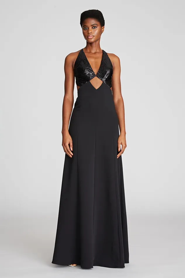 Halston Macie Gown In SequinsCrepe Black Women Black Dresses