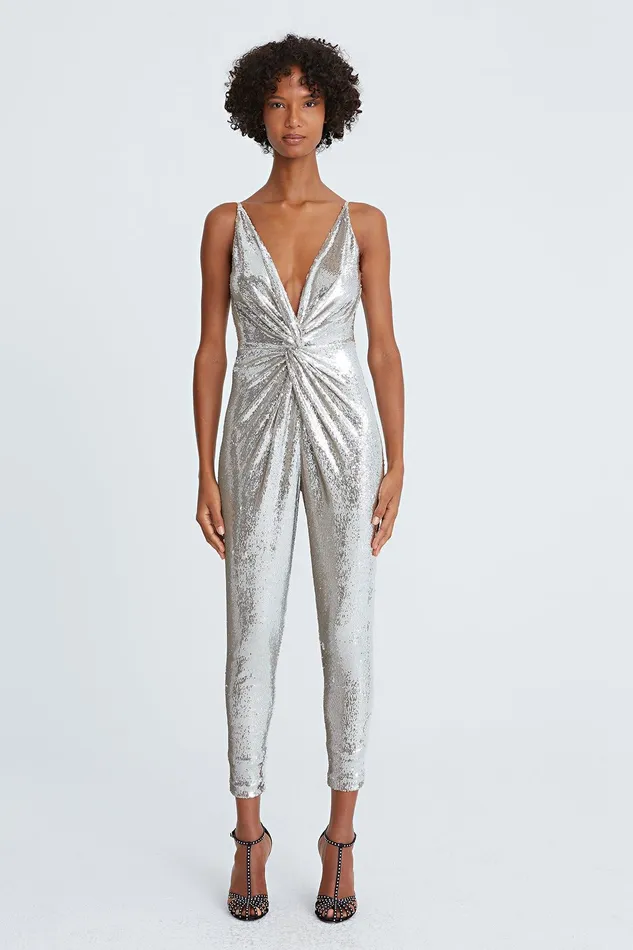 Halston Mariah Sequin Twist Jumpsuit Silver Women Jumpsuits