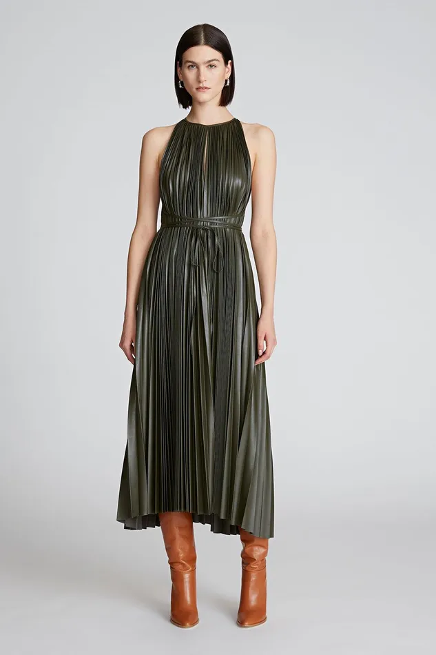 Halston Noah Dress In Pleated Leather Forest Women Midi Dresses