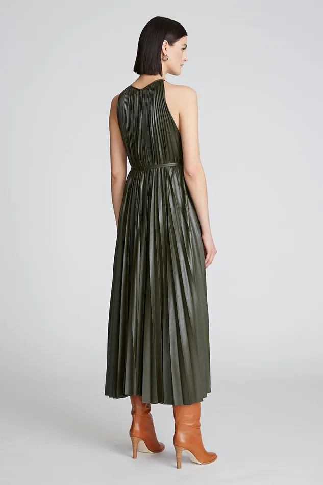 Halston Noah Dress In Pleated Leather Forest Women Midi Dresses Halston Noah Dress In Pleated Leather Forest Women Midi Dresses