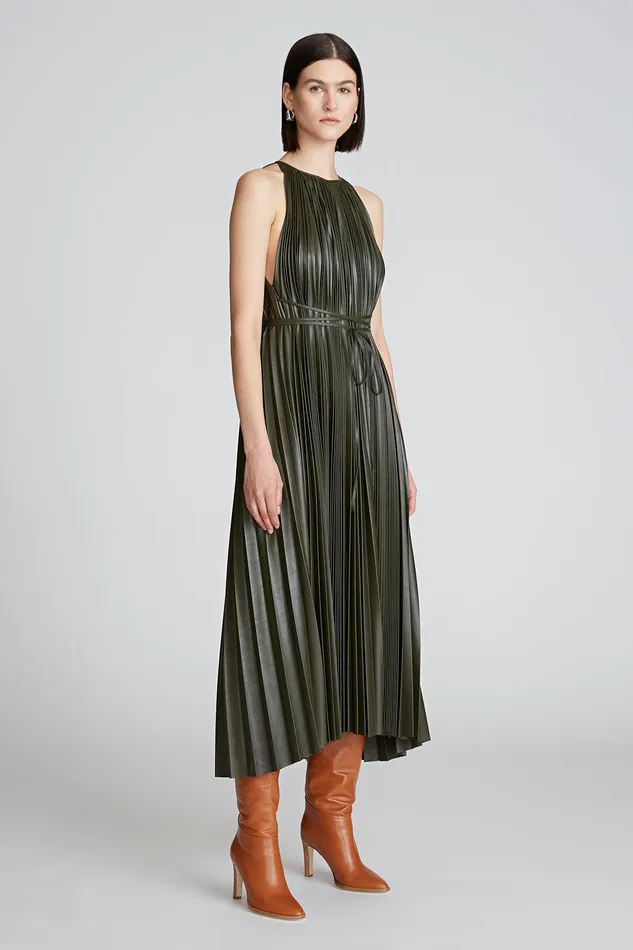Halston Noah Dress In Pleated Leather Forest Women Midi Dresses Halston Noah Dress In Pleated Leather Forest Women Midi Dresses