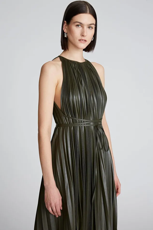 Halston Noah Dress In Pleated Leather Forest Women Midi Dresses Halston Noah Dress In Pleated Leather Forest Women Midi Dresses