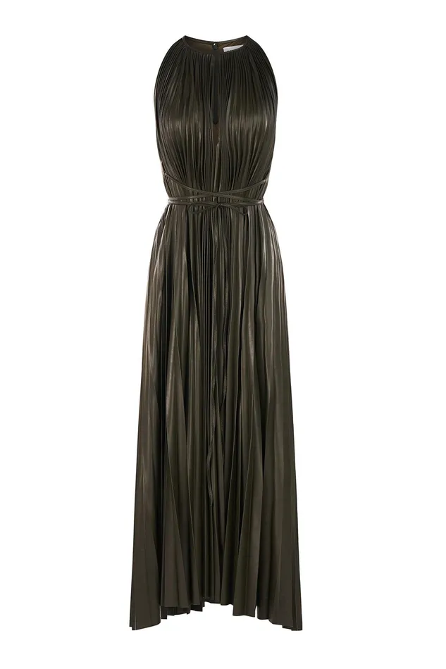 Halston Noah Dress In Pleated Leather Forest Women Midi Dresses Halston Noah Dress In Pleated Leather Forest Women Midi Dresses