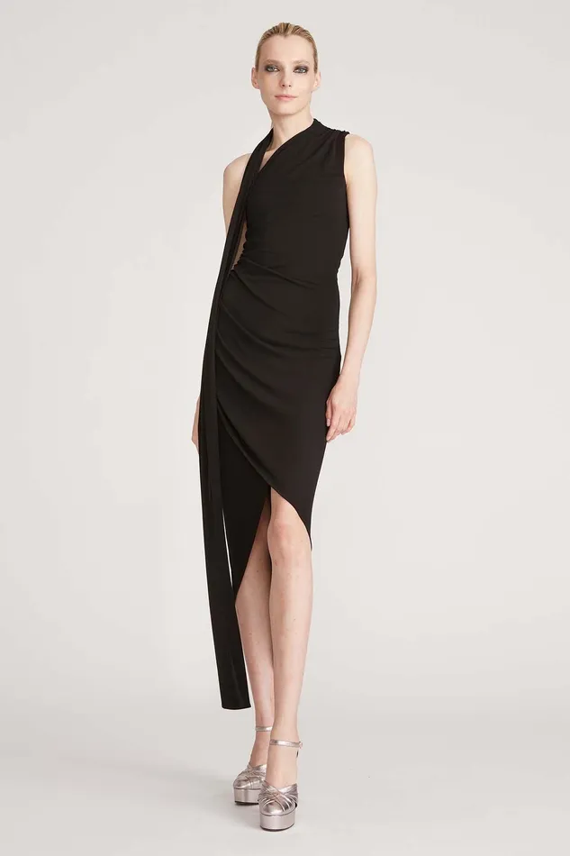 Halston Pia Halter Draped Dress Black Women Midi Dresses