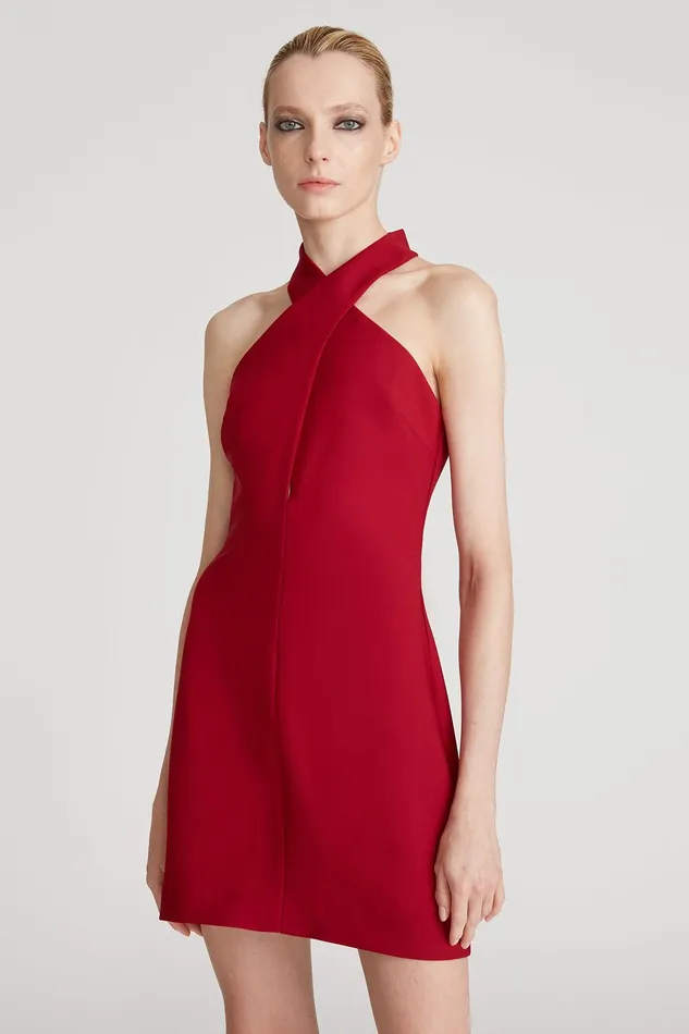 Halston Preston Crepe Halter Dress Merlot Women Mini Dresses Halston Preston Crepe Halter Dress Merlot Women Mini Dresses