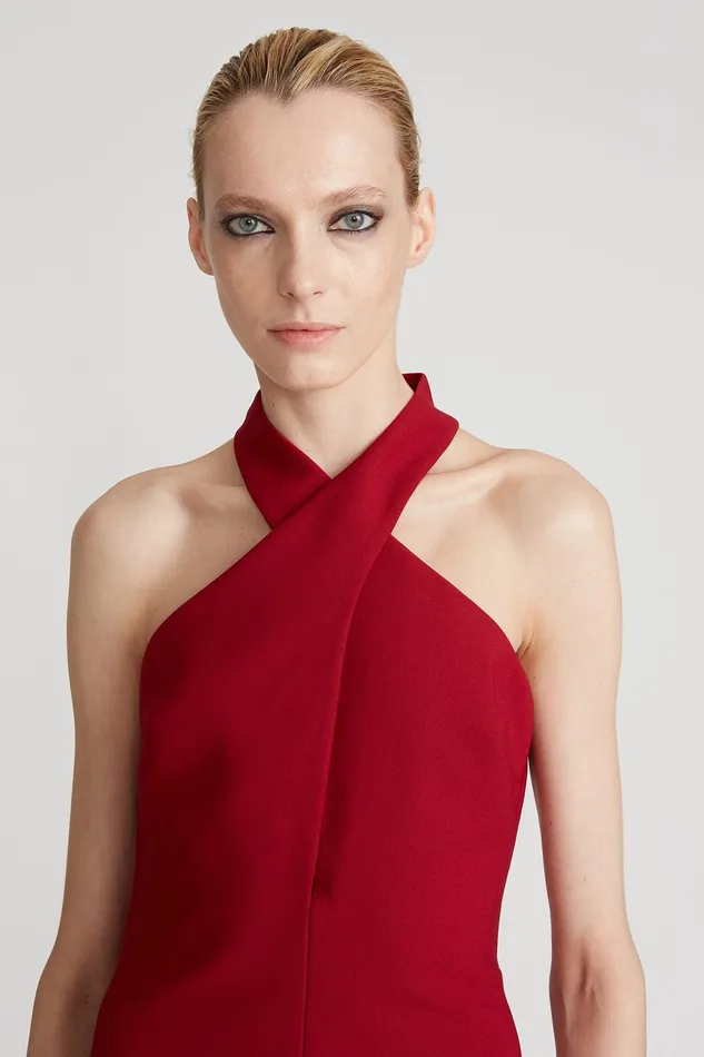 Halston Preston Crepe Halter Dress Merlot Women Mini Dresses Halston Preston Crepe Halter Dress Merlot Women Mini Dresses