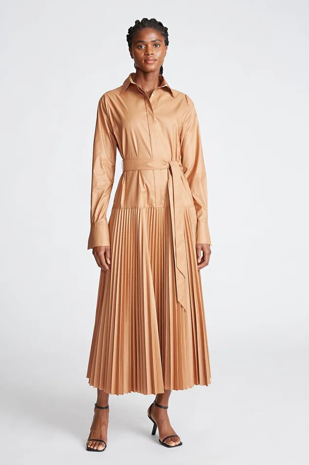 Halston Raina Dress In Cotton Sateen Cedar Women Midi Dresses