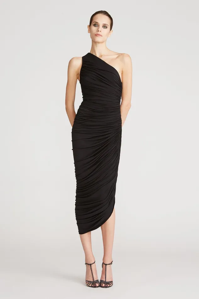 Halston Reia One Shoulder Dress Black Black Women Midi Dresses
