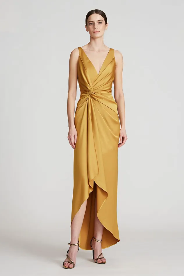 Halston Reilly Satin Twist Dress Gold Women Cocktail Dresses