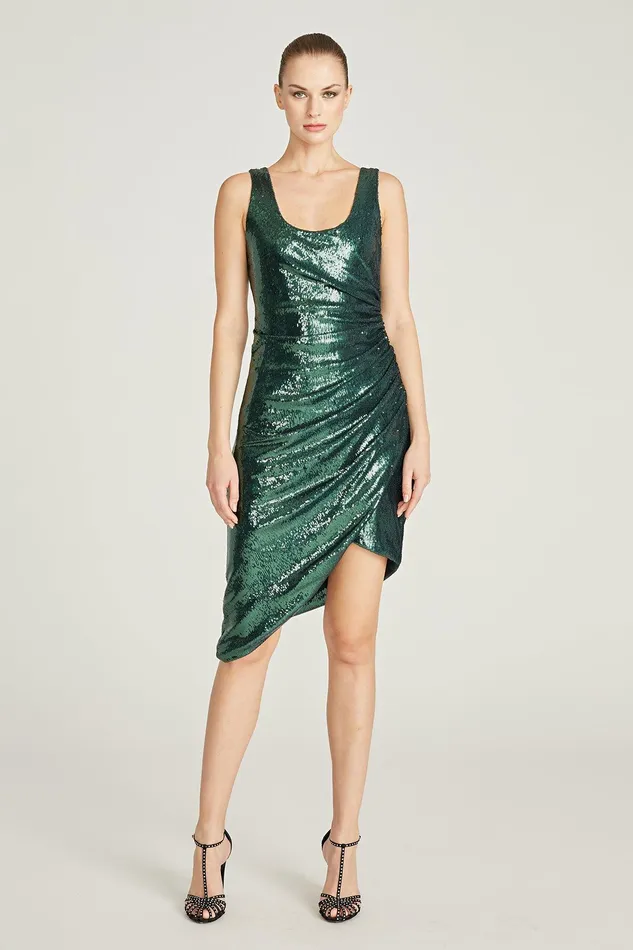 Halston Rollin Sequin Dress Emerald Women Cocktail Dresses