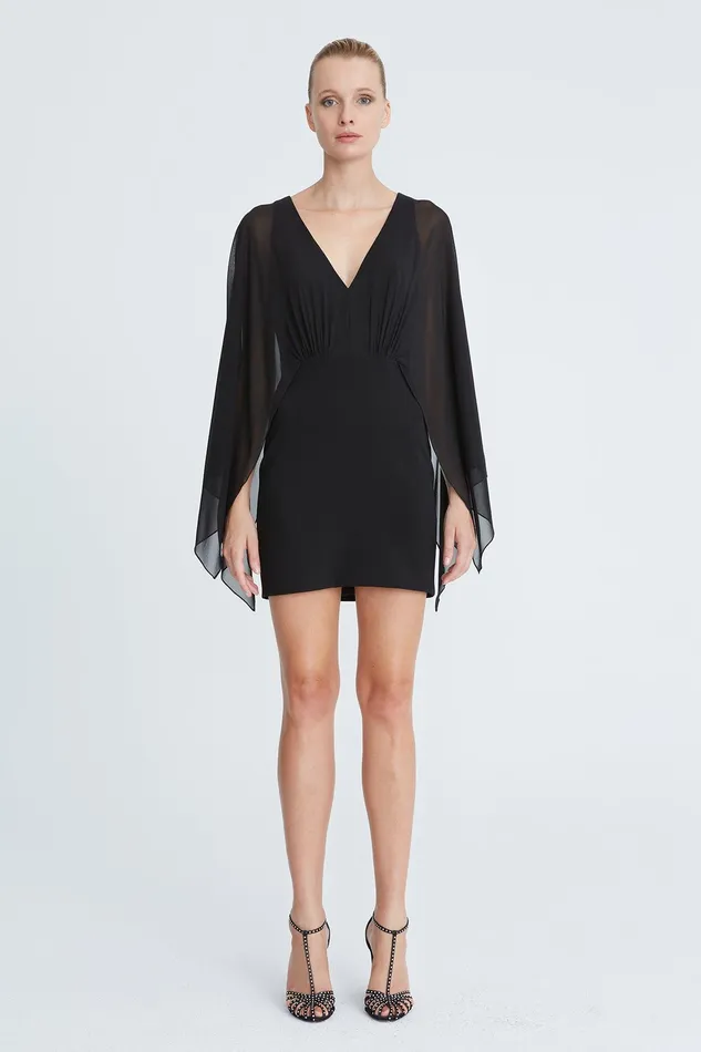 Halston Rylee Crepe Caftan Sleeve Mini Black Women Cocktail Dresses