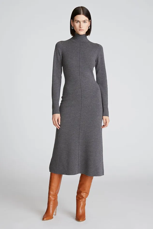 Halston Shelby Dress In Merino Wool Dark Grey Women Midi Dresses