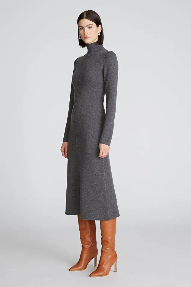 Halston Shelby Dress In Merino Wool Dark Grey Women Midi Dresses Halston Shelby Dress In Merino Wool Dark Grey Women Midi Dresses