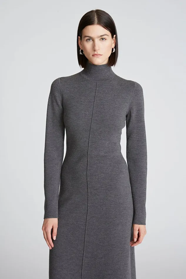 Halston Shelby Dress In Merino Wool Dark Grey Women Midi Dresses Halston Shelby Dress In Merino Wool Dark Grey Women Midi Dresses