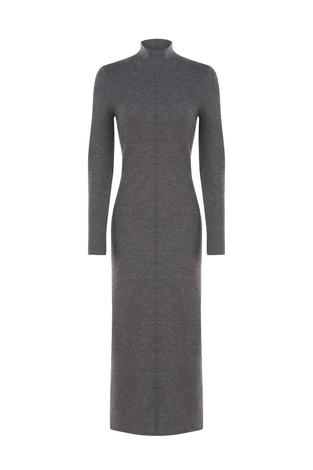 Halston Shelby Dress In Merino Wool Dark Grey Women Midi Dresses Halston Shelby Dress In Merino Wool Dark Grey Women Midi Dresses