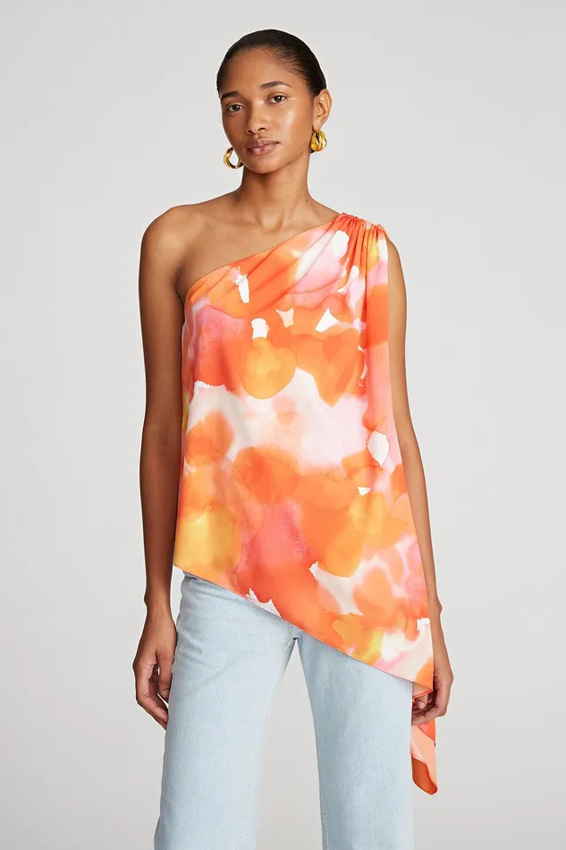 Halston Steffi Top In Crepe De Chine Sunset Watercolor Print Women Tops