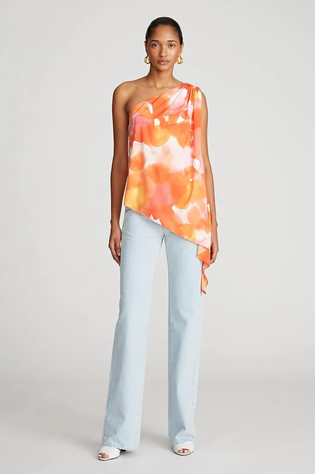 Halston Steffi Top In Crepe De Chine Sunset Watercolor Print Women Tops Halston Steffi Top In Crepe De Chine Sunset Watercolor Print Women Tops