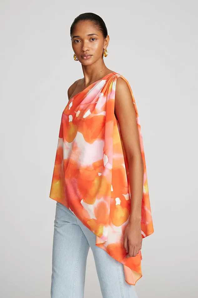 Halston Steffi Top In Crepe De Chine Sunset Watercolor Print Women Tops Halston Steffi Top In Crepe De Chine Sunset Watercolor Print Women Tops