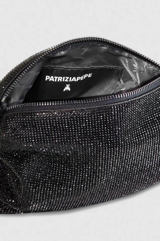 Handbags Women Patrizia Pepe Maxichain Rhinestone Bag Total Black Crystal