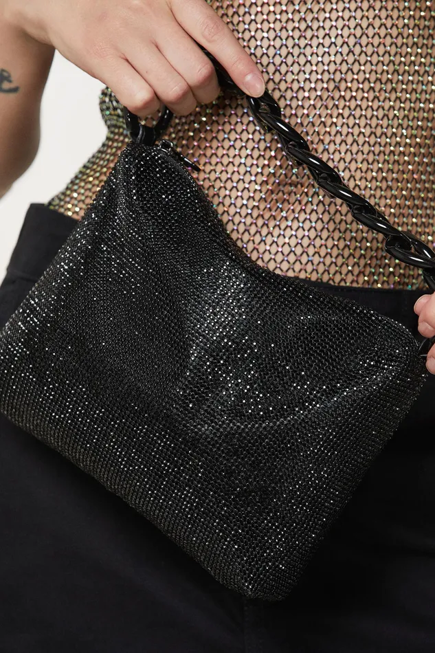 Handbags Women Patrizia Pepe Maxichain Rhinestone Bag Total Black Crystal