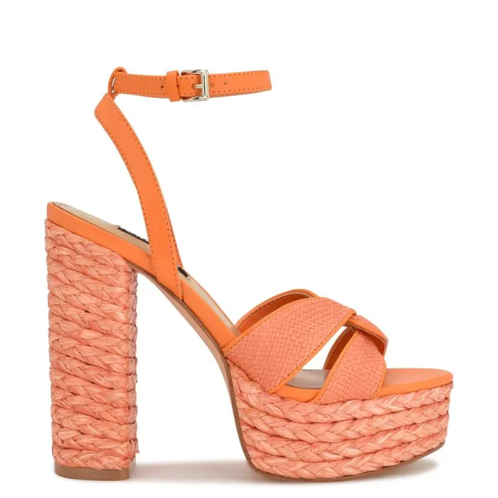 Hayya Woven Platform Sandals Neon Orange Women Nine West Heels