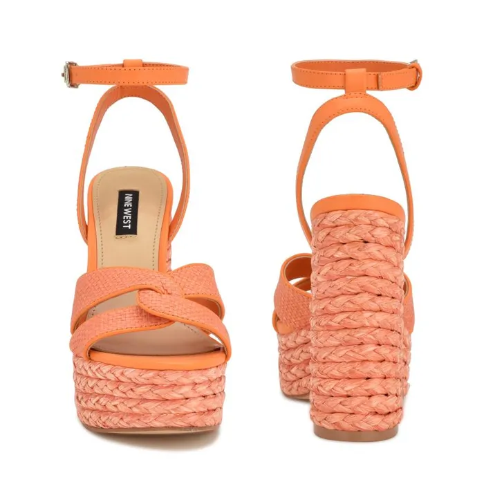 Hayya Woven Platform Sandals Neon Orange Women Nine West Heels