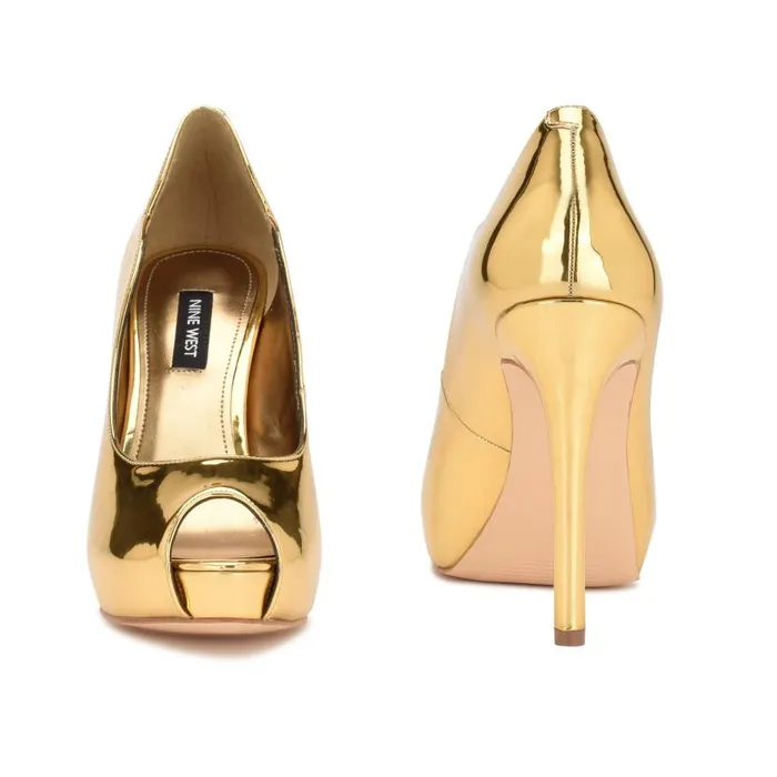 Hilare Peep Toe Pumps Gold Mirror Metallic Women Nine West Heels