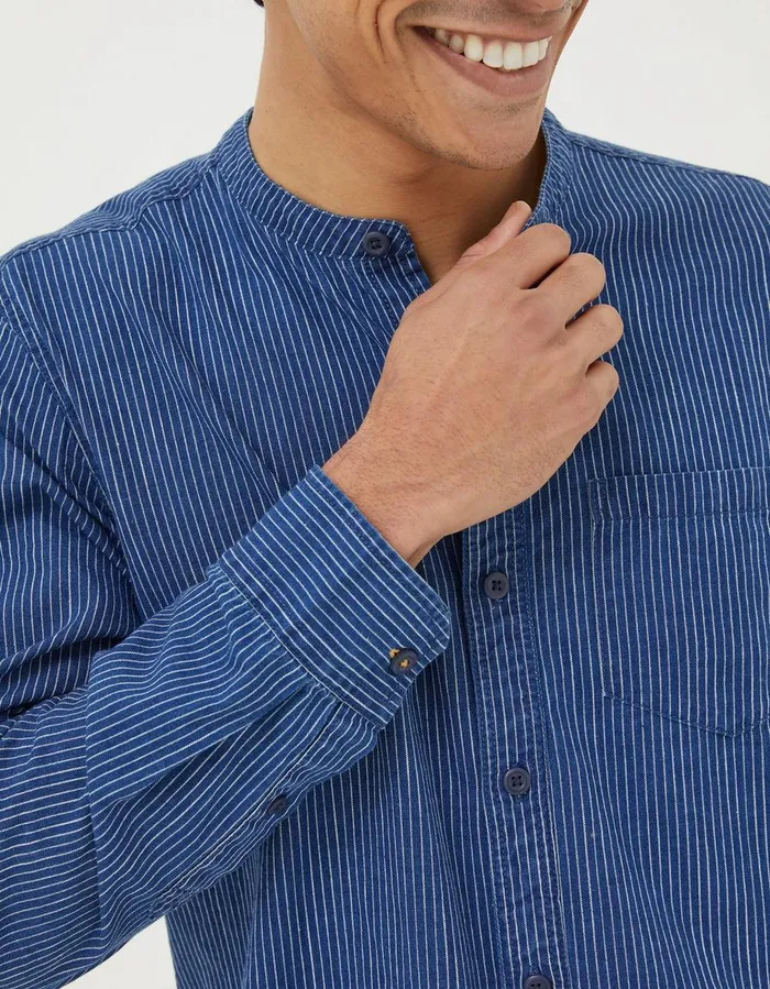 Indigo Stripe Grandad Shirt Washed Blue Men FatFace Shirts