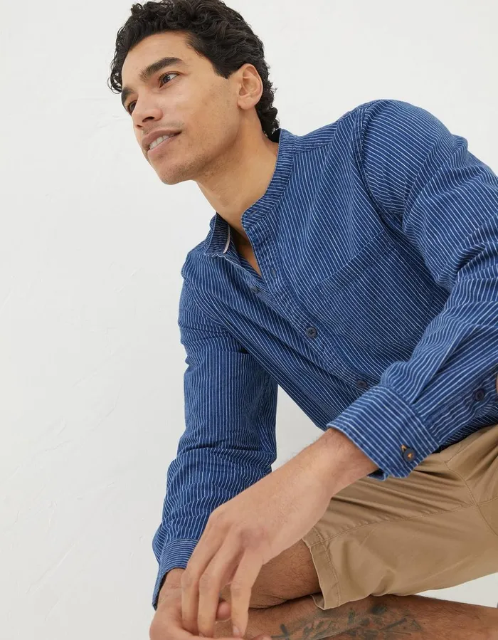 Indigo Stripe Grandad Shirt Washed Blue Men FatFace Shirts