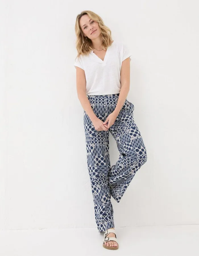 Isla Patchwork Geo Wide Leg Trousers Navy Women FatFace Trousers and Leggings