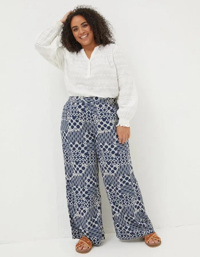 Isla Patchwork Geo Wide Leg Trousers Navy Women FatFace Trousers and Leggings