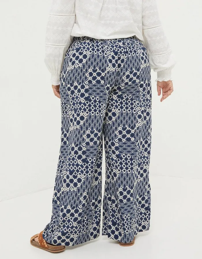 Isla Patchwork Geo Wide Leg Trousers Navy Women FatFace Trousers and Leggings