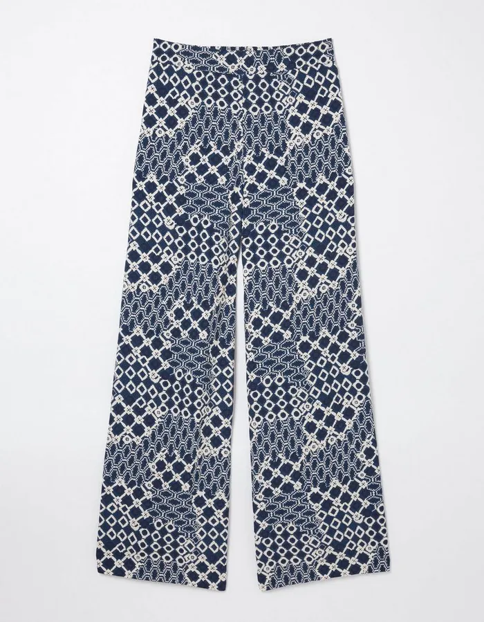 Isla Patchwork Geo Wide Leg Trousers Navy Women FatFace Trousers and Leggings