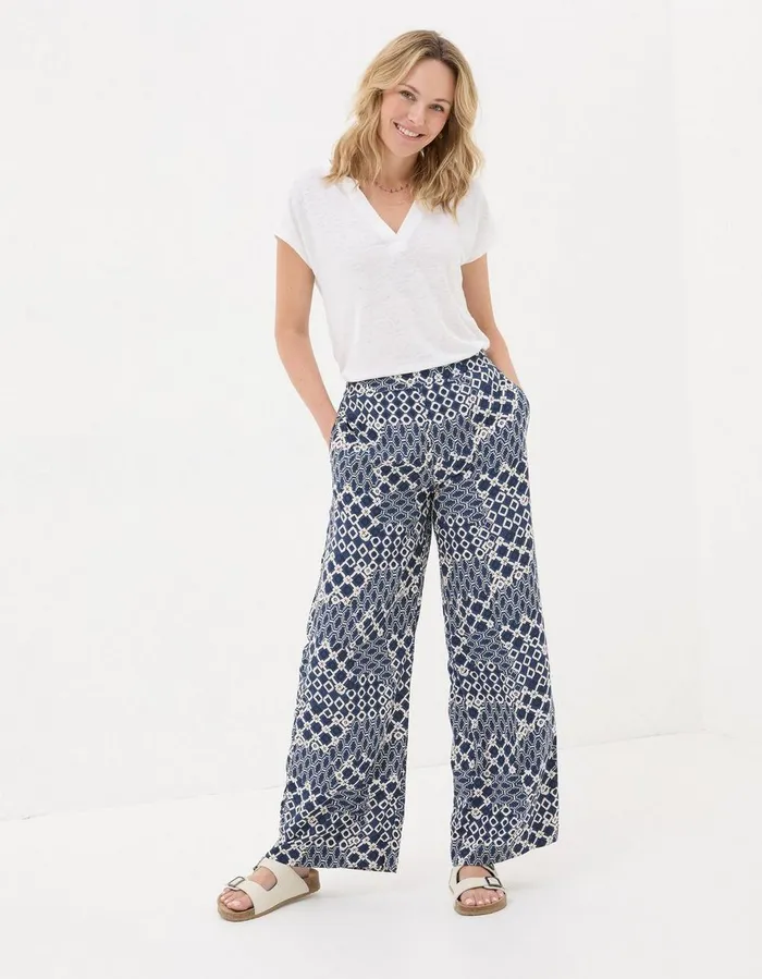 Isla Patchwork Geo Wide Leg Trousers Navy Women FatFace Trousers and Leggings