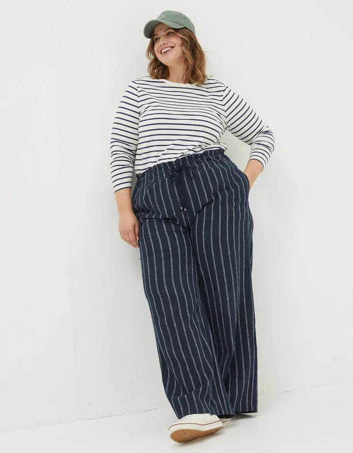 Iva Stripe Linen Blend Trousers Navy Women FatFace Trousers and Leggings