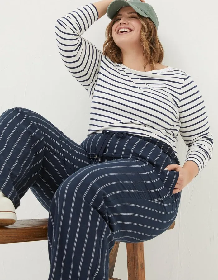 Iva Stripe Linen Blend Trousers Navy Women FatFace Trousers and Leggings