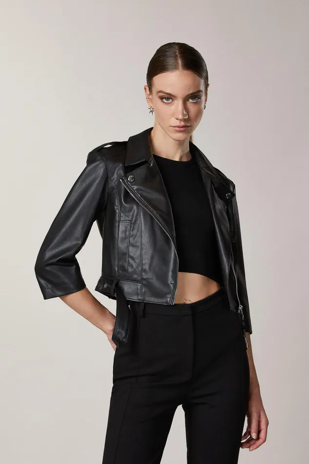 Jackets Women Patrizia Pepe Coated Fabric Biker Jacket Nero
