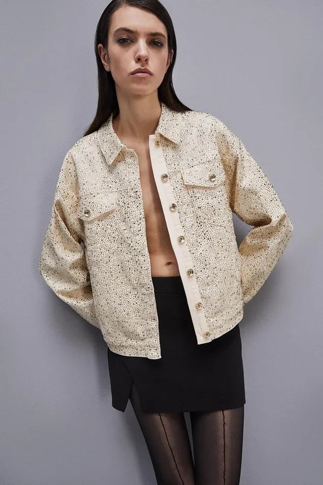 Jackets Women Patrizia Pepe Denim And Rhinestone Jacket Ivory and Shiny Gold