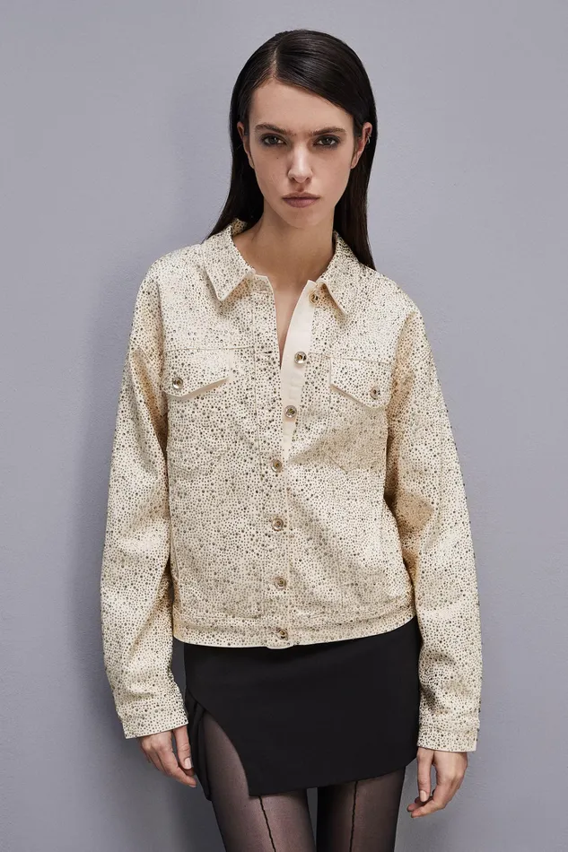 Jackets Women Patrizia Pepe Denim And Rhinestone Jacket Ivory and Shiny Gold