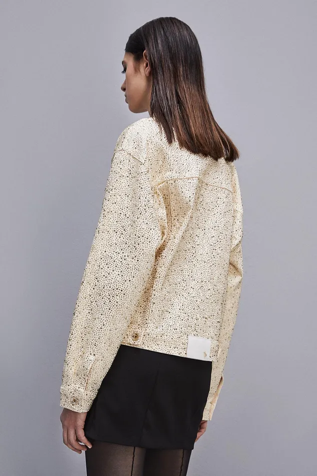 Jackets Women Patrizia Pepe Denim And Rhinestone Jacket Ivory and Shiny Gold