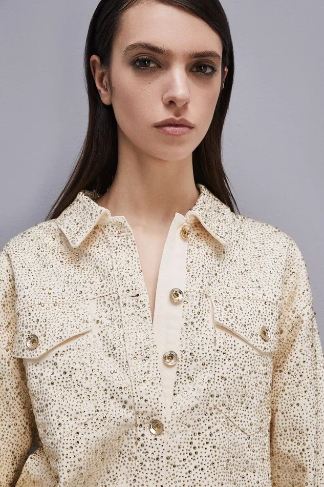 Jackets Women Patrizia Pepe Denim And Rhinestone Jacket Ivory and Shiny Gold