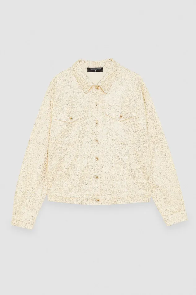 Jackets Women Patrizia Pepe Denim And Rhinestone Jacket Ivory and Shiny Gold